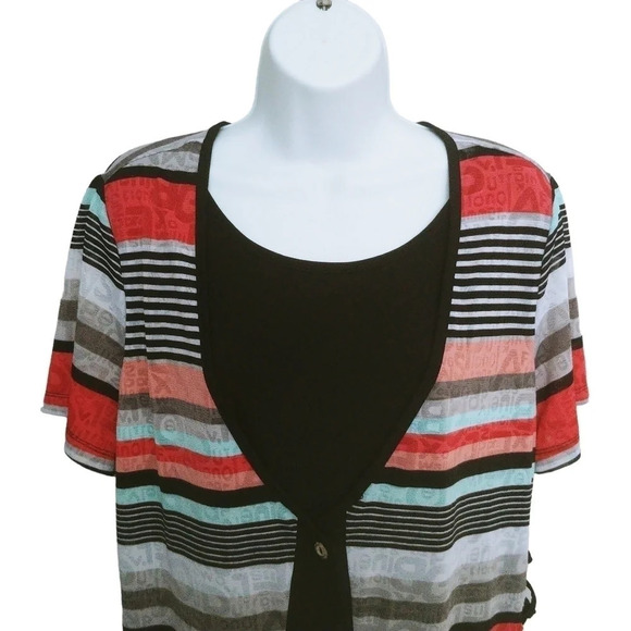 Marie Claire Faux Cardigan Striped Top Red Black Aqua Gray L - Picture 2 of 10